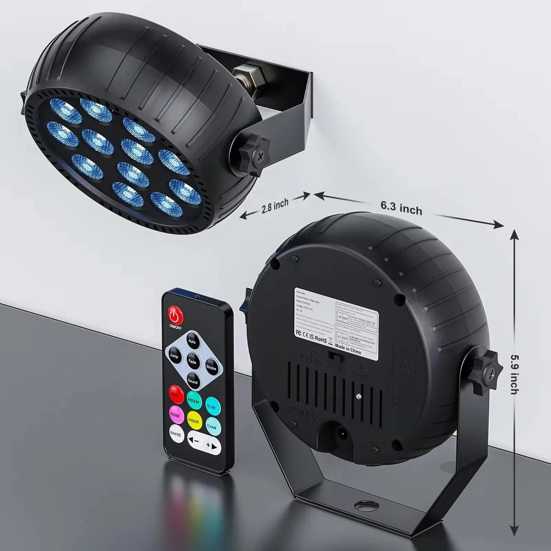 Battery RGB par light with remote control, colour and strobe buttons