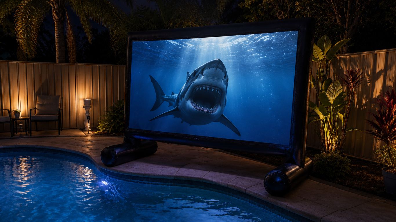 A shark movie lighting up the cinema screen beside a Perth backyard pool at night for a dive-in movie party