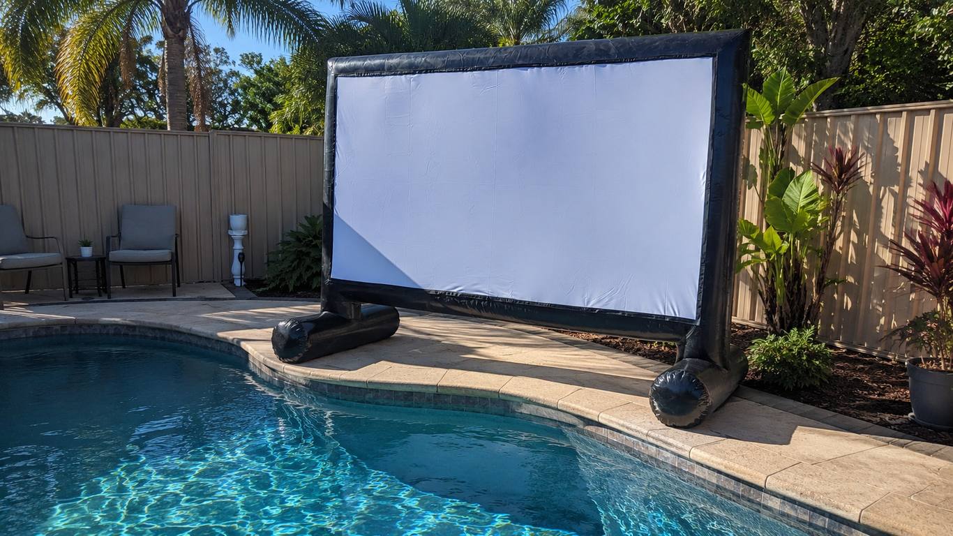 An inflatable outdoor cinema screen set up beside a backyard pool in Perth, ready for a dive-in movie night