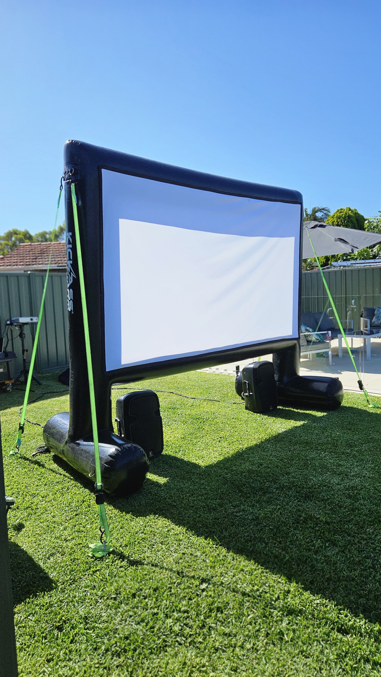Outdoor cinema hire in Piara Waters: a 3m backyard cinema screen delivered and set up ready for a family movie night by Perth Pop-Up Movies