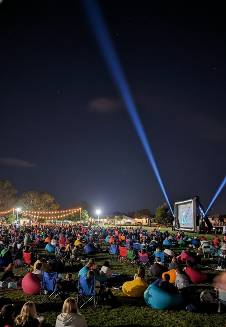 Perth audience watching outdoor movies under the stars on bean bags at a community cinema event